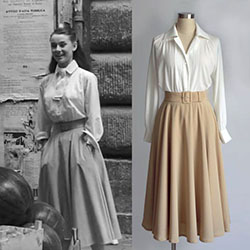 Blusa de fiesta romana de Audrey Hepburn: Trajes De Falda,  Traje de camiseta,  Traje Beige Y Blanco  