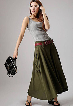 Falda larga verde militar, modelo de moda, sesión de fotos, falda larga.: Falda larga,  modelo,  Trajes de viaje,  FALDA VUELO,  Falda oscilante  