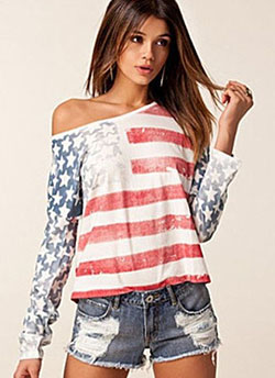 Chica en camisa de bandera americana: Estados Unidos,  Traje de camiseta,  traje blanco,  Traje del 4 de julio  