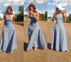 Atuendo shweshwe vestidos maxi estampados de cera africana, vestido maxi: vestido largo,  vestido de día,  Vestidos Roora,  Traje Blanco Y Azul,  Impresiones de cera africanas  