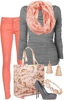 Atuendo ideas de ropa de melocotón, chaqueta de jean, ropa casual: Traje naranja y rosa,  Atuendos Naranjas  