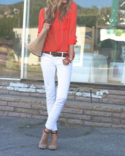 Jeans blancos y conjuntos rojos: top corto,  Estilo callejero,  Traje naranja y blanco,  Atuendos Naranjas  
