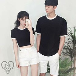 Traje de color traje de pareja coreana moda hip hop, idioma coreano: Traje de camiseta,  Trajes de pareja a juego,  Traje Blanco Y Negro,  moda hip hop  