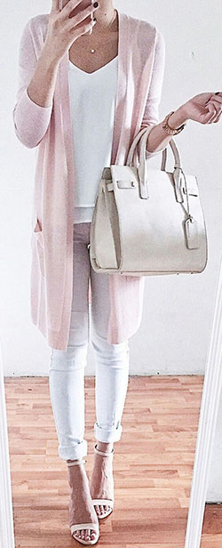 Pantalón blanco y cárdigan rosa.: Accesorio de moda,  Traje Blanco Y Rosa,  Conjuntos de cárdigan 2020,  Cárdigan  