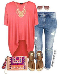 Ideas de ropa de primavera de talla grande: Traje de camiseta,  Traje rosa y rojo,  Moda para figurar,  Atuendos Naranjas  