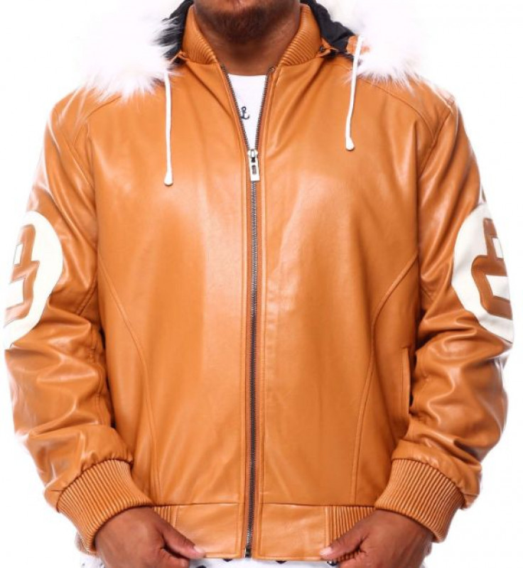 Chaqueta de cuero naranja con capucha de piel de 8 bolas para hombres y mujeres: chaqueta,  Chaqueta de cuero  