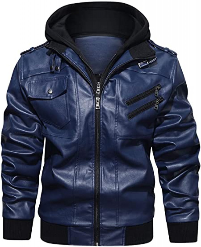 Chaqueta bomber azul marino con capucha extraíble para hombre: chaqueta,  Chaqueta de cuero  