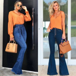 Ideas de atuendos naranjas y azules con jeans acampanados, jeans de pierna ancha: 