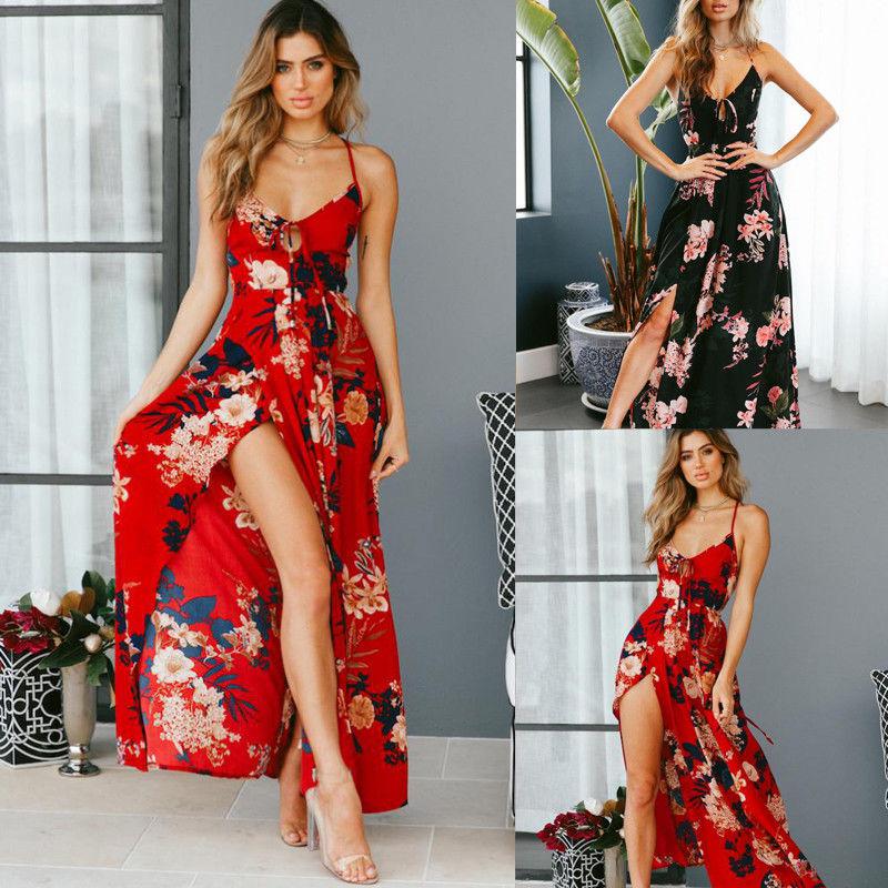 Vestido maxi largo floral de moda para mujer Vestido de playa para fiesta de cóctel dividido: Trajes Florales,  Vestido largo  