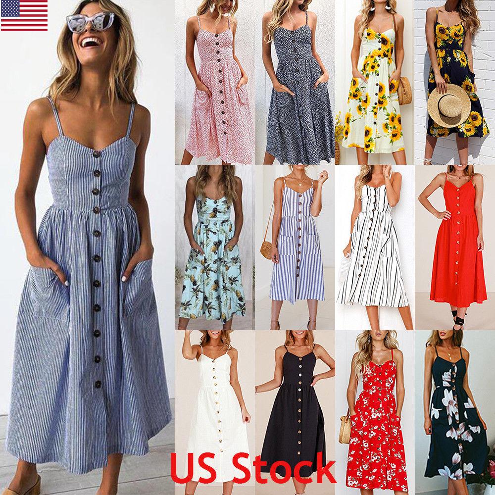 US Womens Strappy Button Pocket Holiday Dress Summer Beach Midi Swing Sundress: vestido de vacaciones  