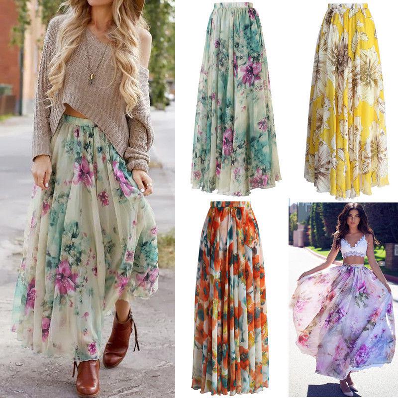 EE. UU. gasa BOHO mujeres Floral Jersey Gypsy largo Maxi falda completa playa vestido de sol: Falda fluida  