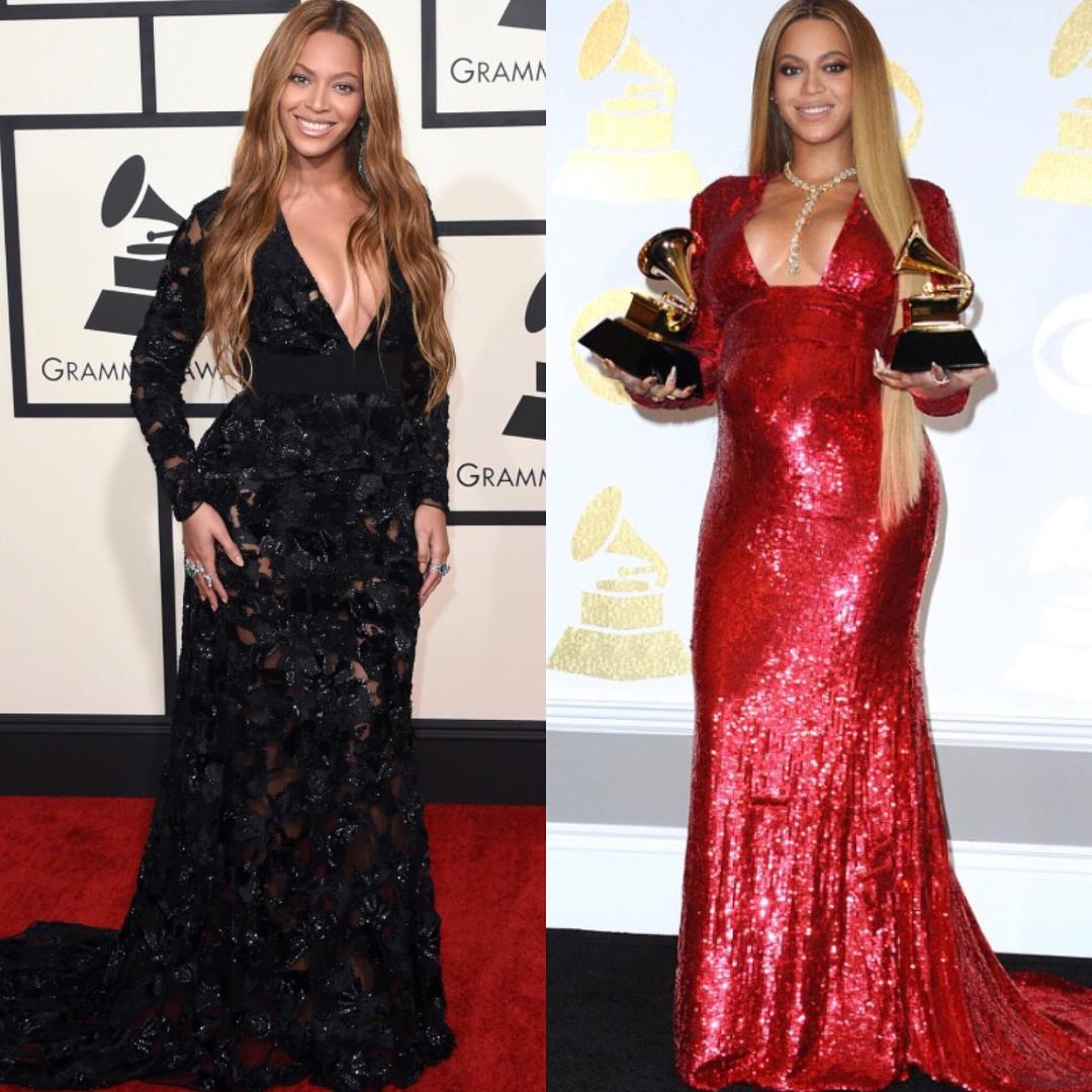 ¡Beyonce se ve hermosa en ambos! COMENTA tu favorito.... ¿Negro o Rojo?: vestidos de alfombra roja,  premios Grammy,  Taylor Swift,  moda de celebridades  