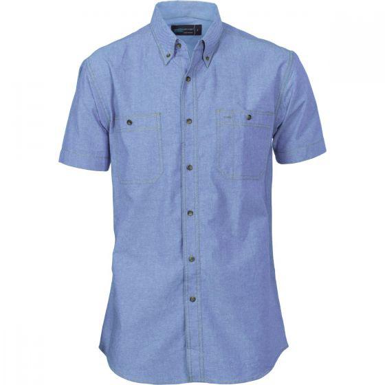 DNC WORKWEAR Camisa de manga corta con dos bolsillos de cambray de algodón 4101: camisa manga corta,  Camisa azul  