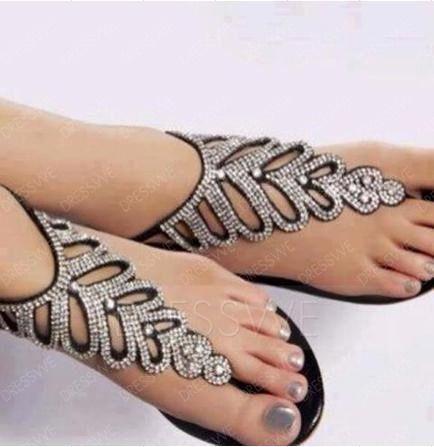 Sandalias planas de PU negras con diamantes de imitación increíbles a la moda: 