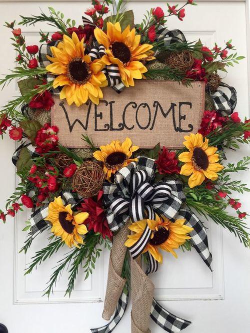 Malla decorativa de corona de girasol de otoño: Diseño floral,  tela de arpillera  