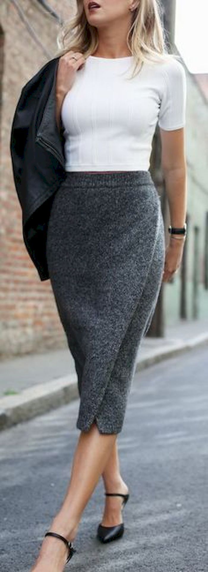 Conjunto falda lápiz gris invierno: Traje de invierno informal,  trajes de invierno,  Falda de tubo,  Falda cruzada  