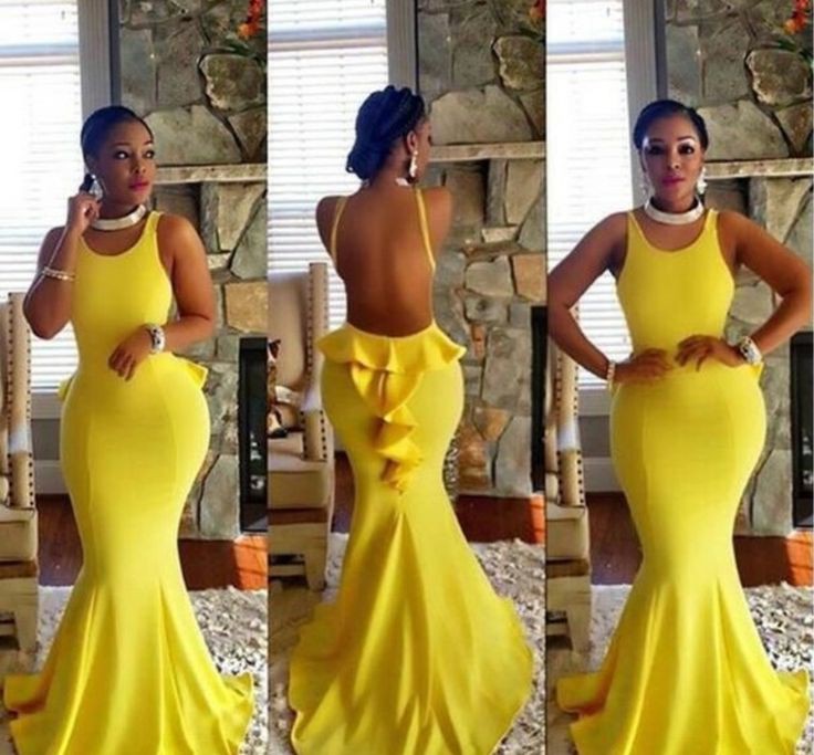 Vestido sirena amarillo para invitadas de boda: trajes de fiesta,  vestido sin espalda,  Vestido de la dama de honor,  vestido largo,  Vestidos de invitadas de boda  