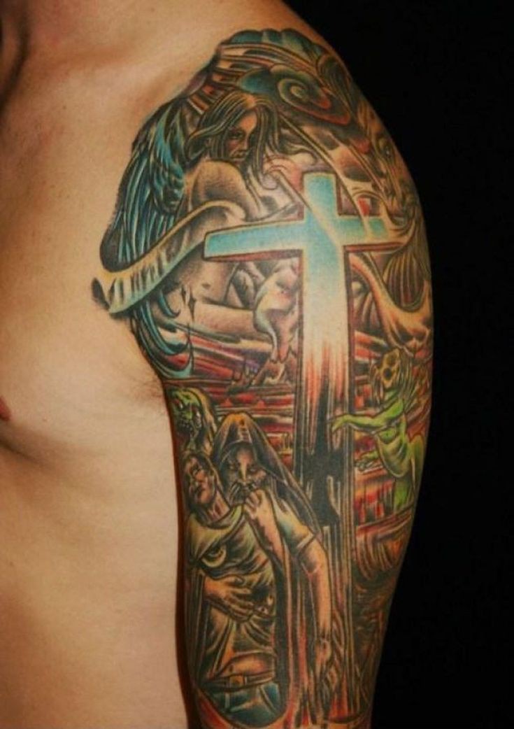 Diseños de tatuajes de manga cristiana católica espiritual: Tatuaje en la cara,  tatuaje de manga,  Arte Corporal,  Tatuajes Religiosos,  cruz cristiana  