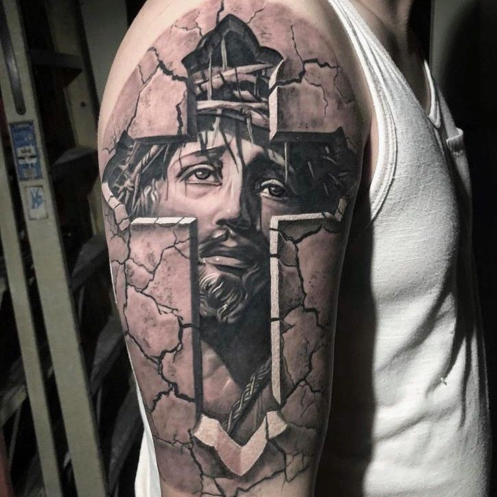 Fabulosos tatuajes de media manga en la parte superior del brazo para hombres: tatuaje de manga,  Arte Corporal,  Tatuador,  Tatuajes Religiosos  