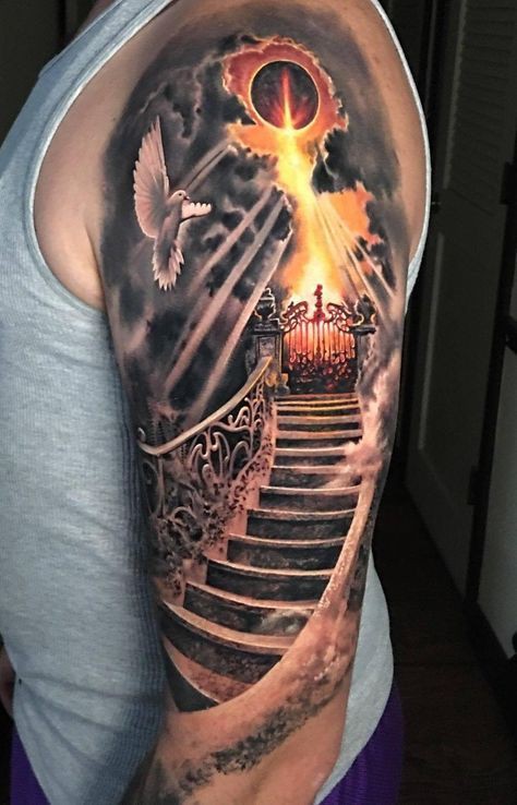 Diseño fresco de los tatuajes de la escalera al cielo: tatuaje de manga,  Arte Corporal,  Tatuajes Religiosos  