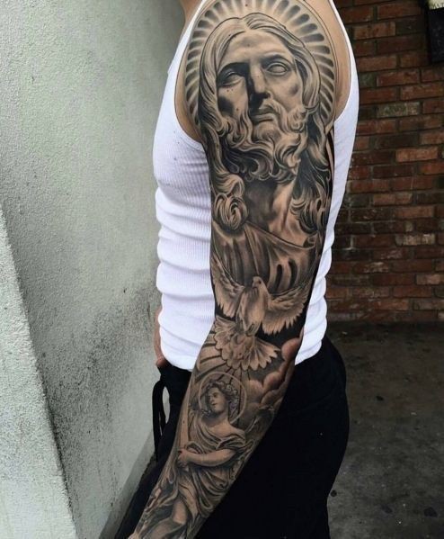 Orgulloso de usar estos tatuajes de manga de jesus, Tatuaje de manga: tatuaje de manga,  Tatuajes Religiosos,  cruz cristiana  