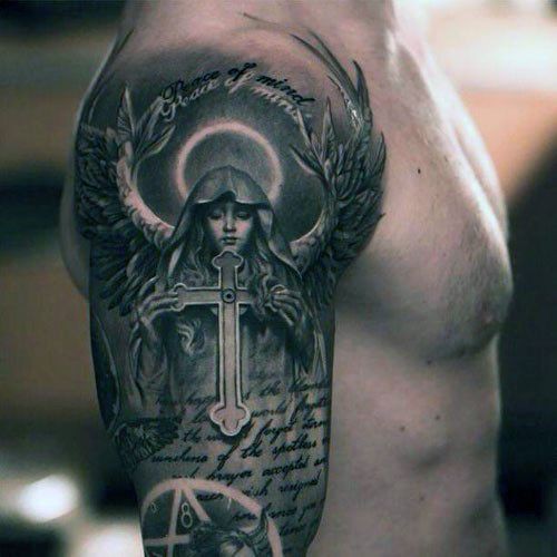 Ángel sosteniendo cruz tatuaje, Tatuaje en la manga: tatuaje de manga,  Tatuajes Religiosos,  cruz cristiana  