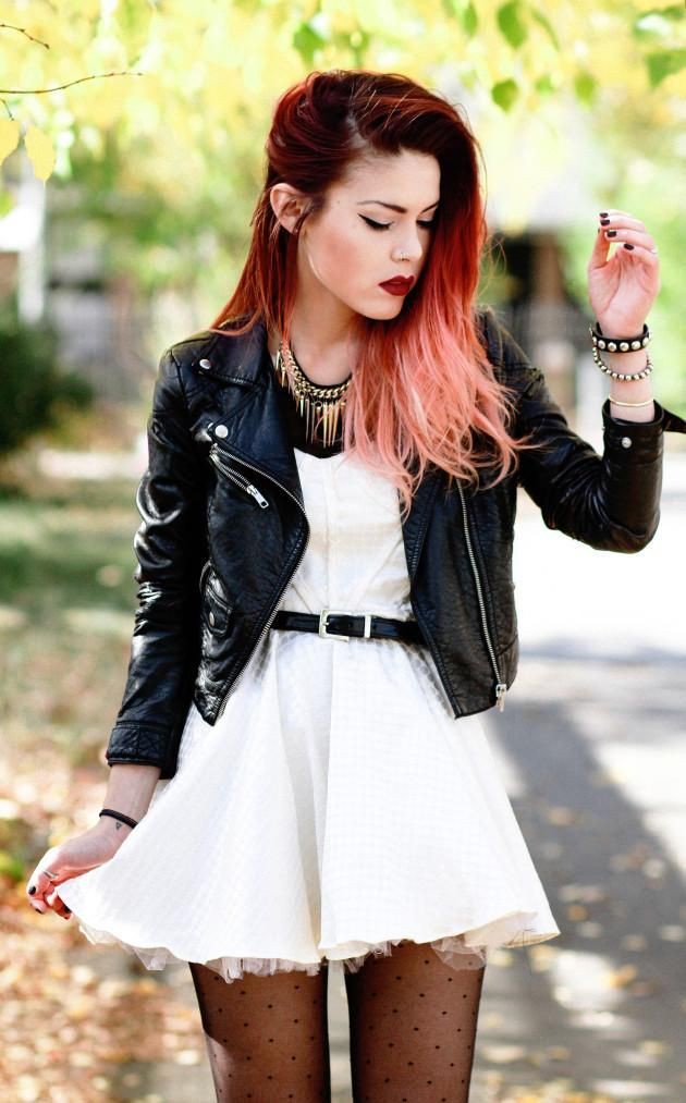 Consigue este look con vestido blanco punk: Chaqueta de cuero,  moda grunge,  subcultura punk,  Punk rock,  estilo punk  