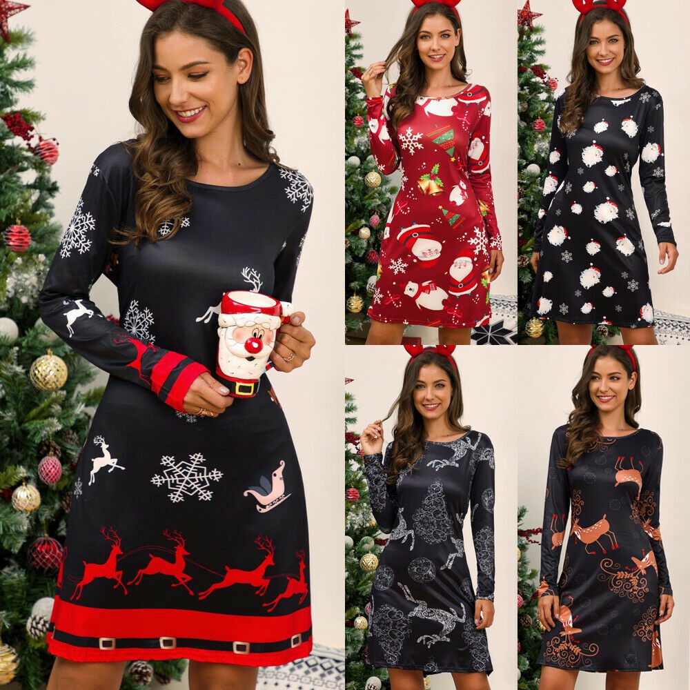 Vestido de Navidad para mujer Midi Swing Jumper Vestidos de patinador de Navidad de manga larga para mujer: 
