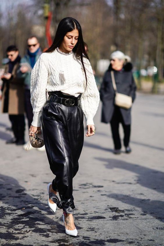 Tendencia y modelo de moda popular, chaqueta de cuero: Bolsa de papel,  Estilo callejero,  Trajes De Pantalón De Cuero  