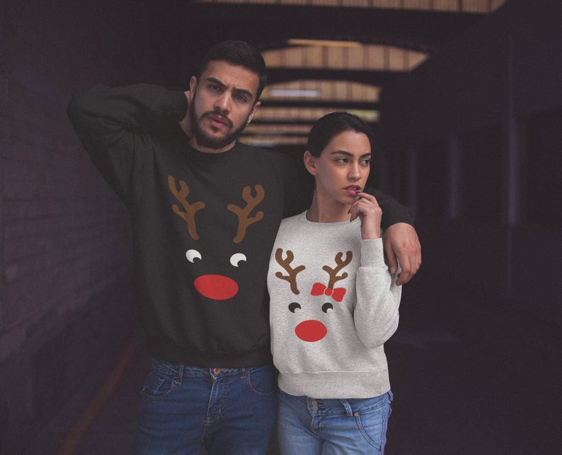 Ideas para los mejores suéteres para parejas, suéter navideño.: Cuello redondo,  día de Navidad,  Jersey navideño,  trajes de pareja,  Forro polar  