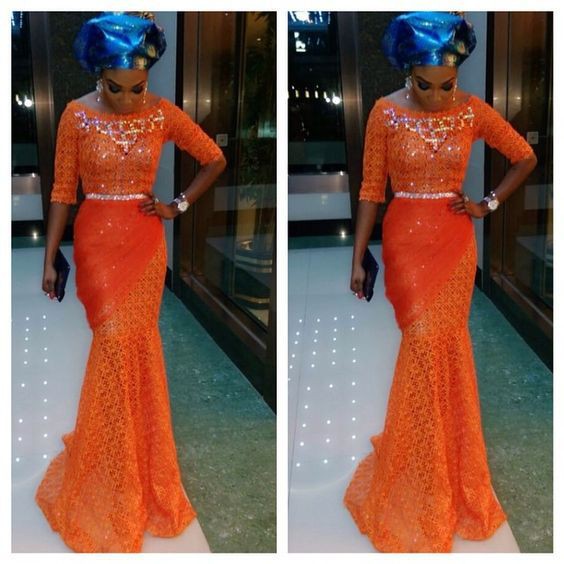 Vestido de encaje africano naranja, Aso ebi: trajes de fiesta,  vestidos de coctel,  Vestido de novia,  Vestido de noche,  camarones asos,  Vestidos Aso Ebi  