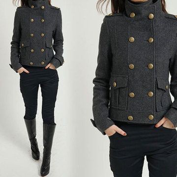 Abrigo estilo militar gris corto: gabardina,  chaquetón,  lana de cachemira  