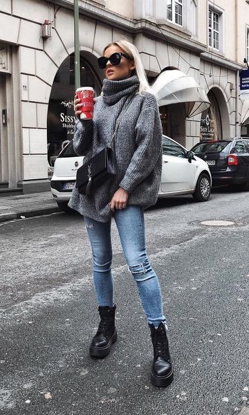 Street style para el invierno, Moda de calle: trajes de invierno,  cuello polo,  Atuendos Con Botas  