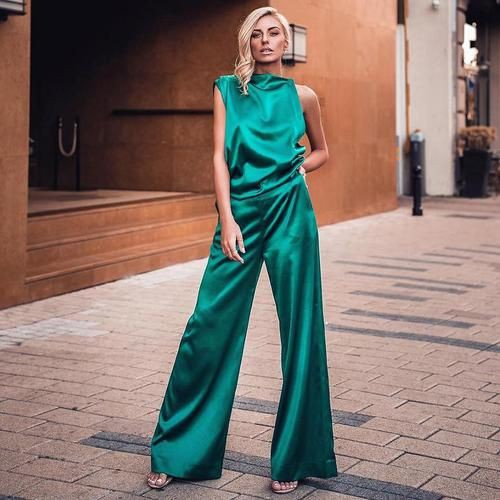 Modelo de moda moderno y elegante, Descuentos y bonificaciones: traje de mameluco,  Camisa sin mangas,  Trajes De Pantalón Verde  