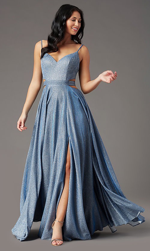 Imagen del vestido de graduación largo azul polvoriento tejido con brillantina de PromGirl. Estilo: PG-Z20969 Imagen frontal: 