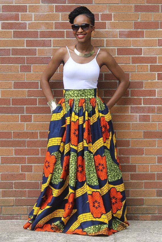 Diseños de estampados africanos faldas falda larga plisada, estampados de cera africana: Fotografía de moda,  vestido de día,  Estilo callejero,  Vestidos Roora,  Traje amarillo y naranja,  Impresiones de cera africanas  