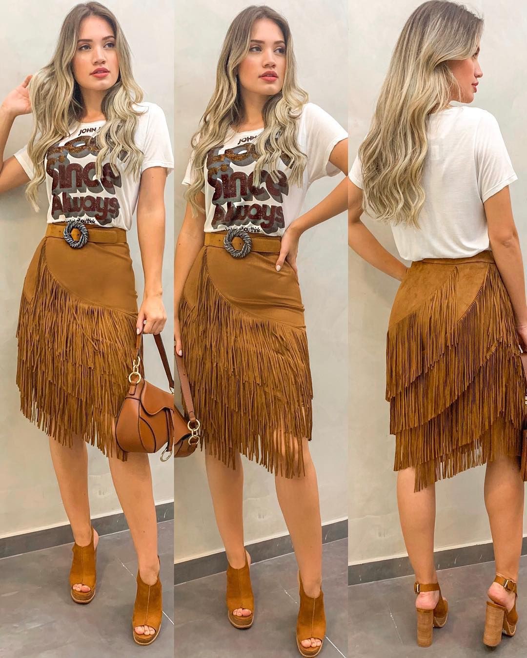 Conjunto beige y marrón con minifalda, falda: Fotografía de moda,  modelo,  Traje Beige Y Marrón,  Faldas con flecos  