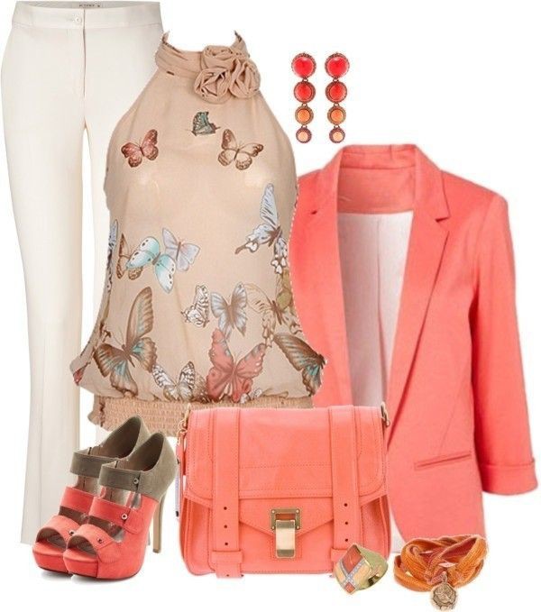 Outfit blanco y rosa Pinterest con blusa, chaqueta, blazer: Traje Blanco Y Rosa,  Atuendos Naranjas  