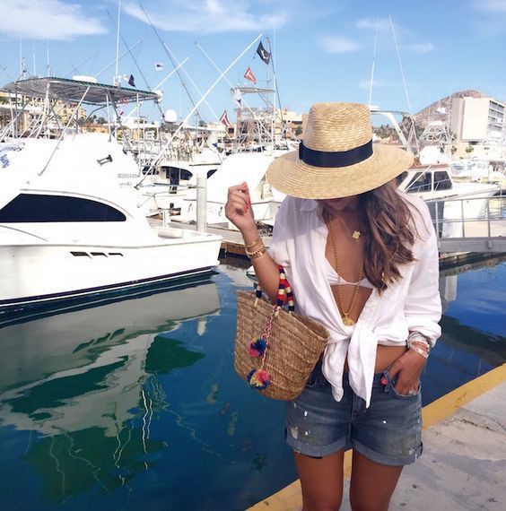 Trajes de barco de mujer de moda de Instagram, accesorio de moda, traje de mameluco, zapato de barco, sombrero para el sol: traje de mameluco,  sombrero para el sol,  Zapato náutico,  Accesorio de moda,  Trajes de navegación  