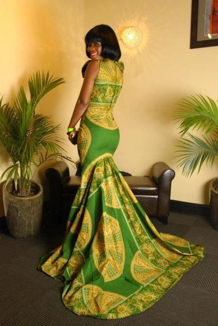 Vestido africano con estampados de cera africana de tren, vestido de novia: Ropa formal,  Vestidos Roora,  Traje amarillo y verde,  Impresiones de cera africanas  