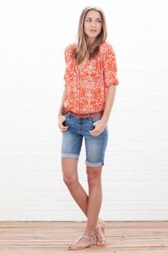 Pantalones cortos largos con estilo para mujer, bermudas, ropa casual, camiseta: Bermudas,  Traje de camiseta,  Traje naranja y blanco  