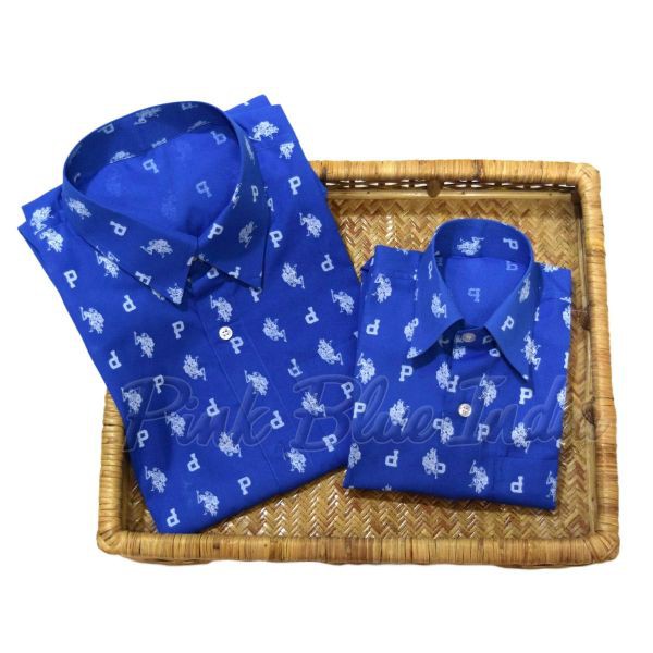 Elegantes camisas de padre e hijo con estampado de bloques a mano de Jaipuri: Ideas de atuendos,  Padre hijo camisas,  Camisas de algodón papá hijo,  Camisa azul  