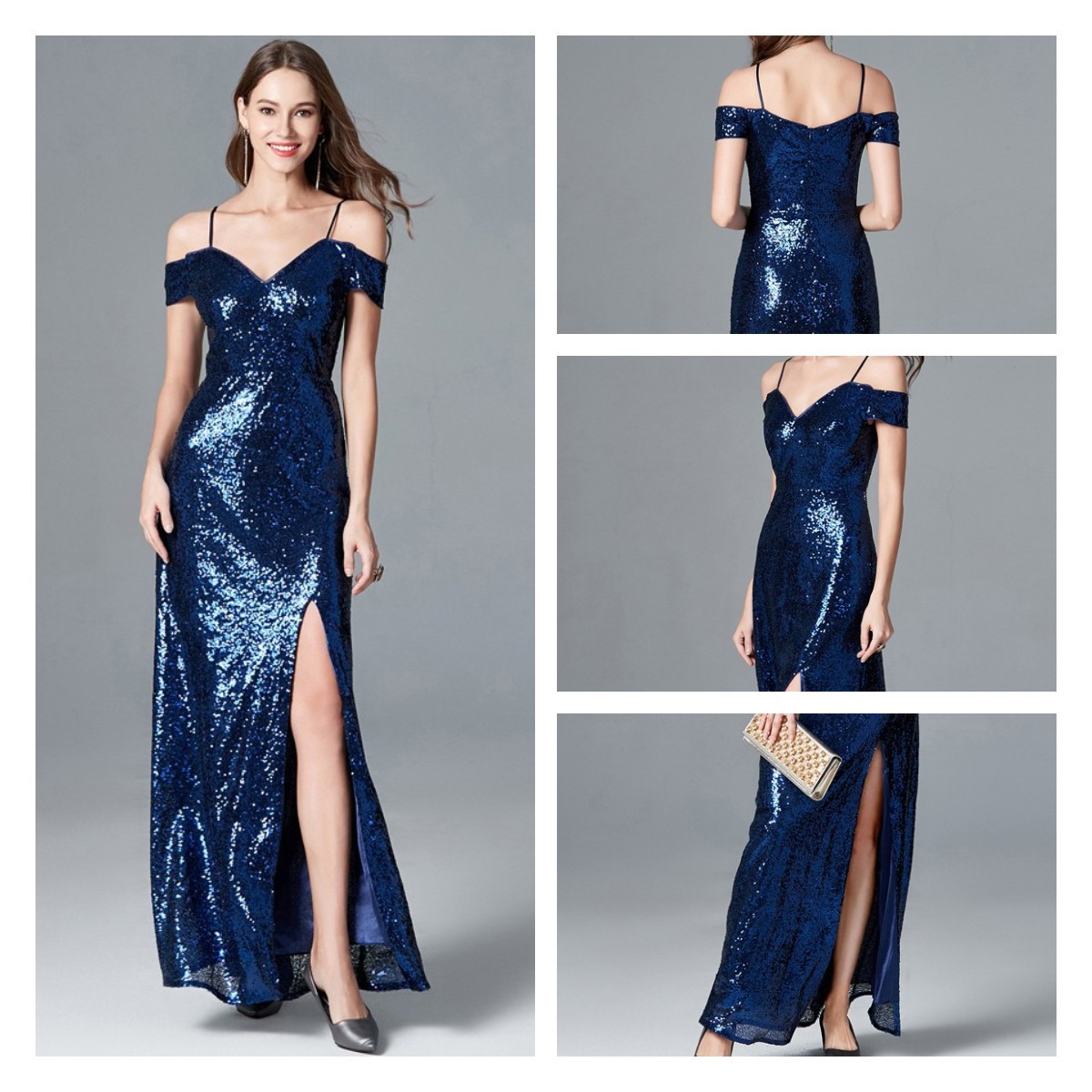 Vestido de fiesta azul, vestidos de noche sexy con hombros descubiertos y espalda abierta
