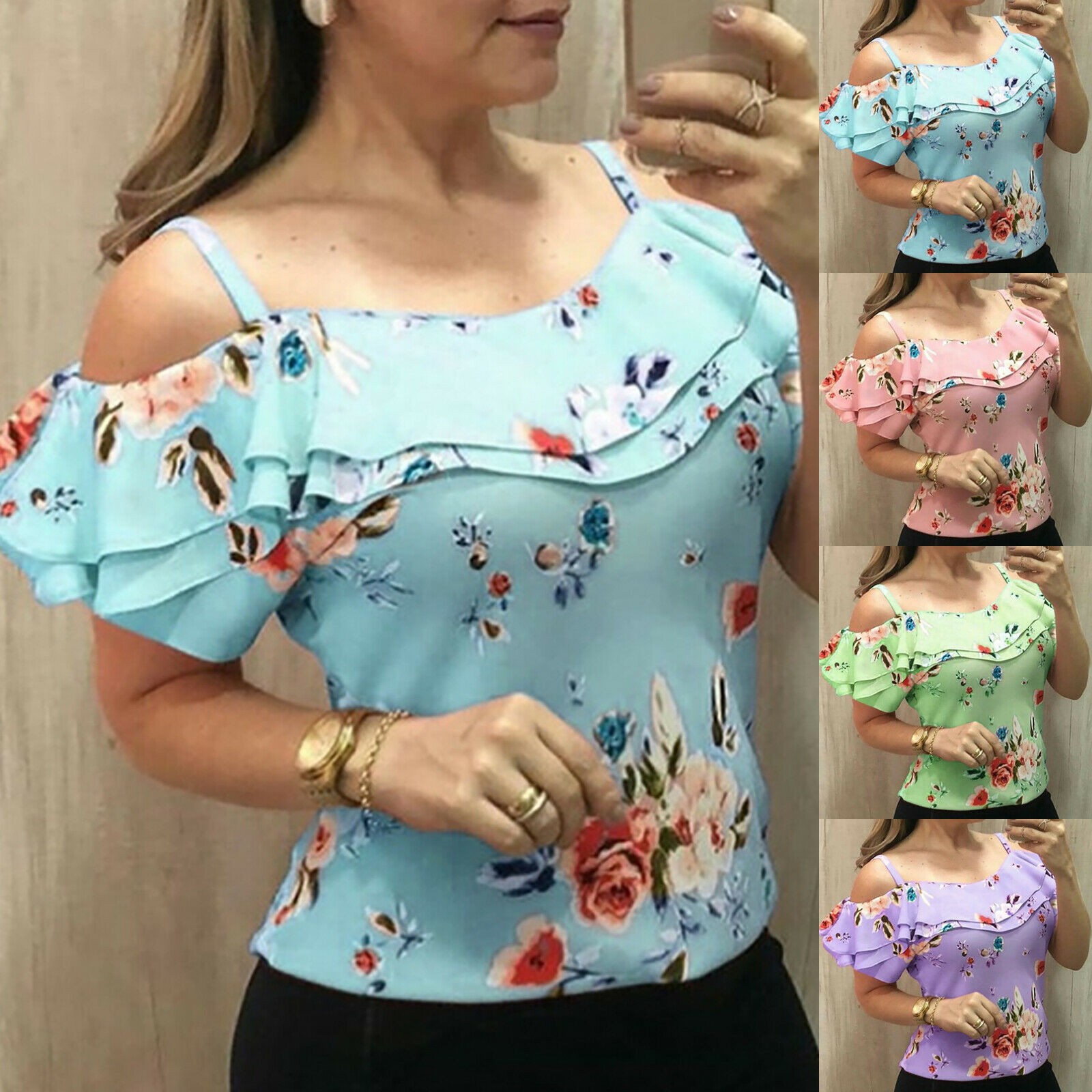 Tops con hombros descubiertos y estampado floral para mujer Summer Beach Tank Tops Chaleco Blusas Camisas: 