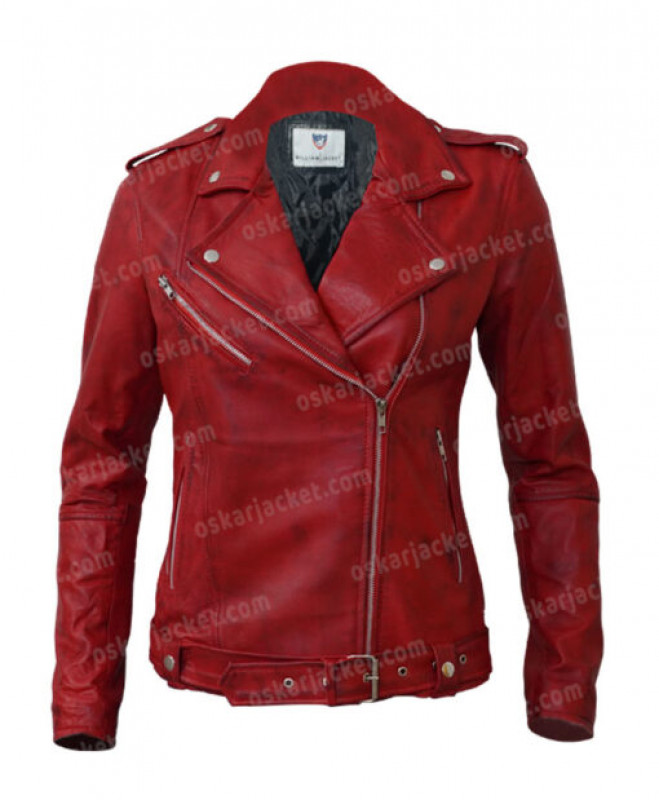 Chaqueta de cuero de piel de cordero para motorista roja Negan para mujer: 