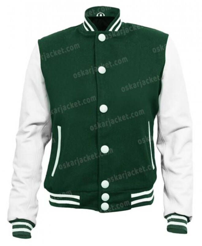 Chaqueta Letterman de lana de fútbol verde y blanca para hombre: chaqueta  