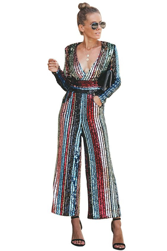 Traje de diseñador, mono de lentejuelas multicolor, prenda de una pieza, moda callejera.: 