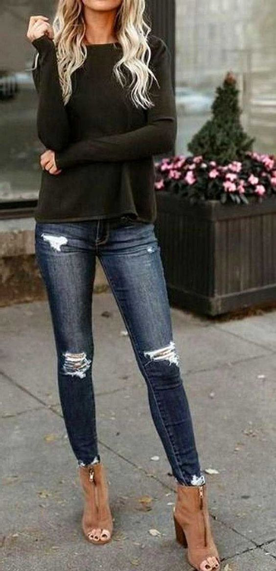Combinación de color negro con jeans para trajes de trabajo de primavera, mezclilla rasgada: PANTALONES DE MEZCLILLA  